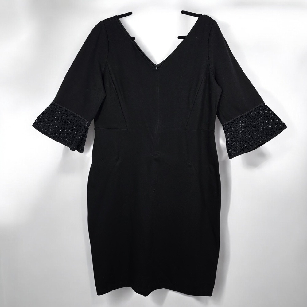 Lafayette 148 New York Sheath Dress Woman‎ Size 16 Black Lace Bell Sleeve V-Neck